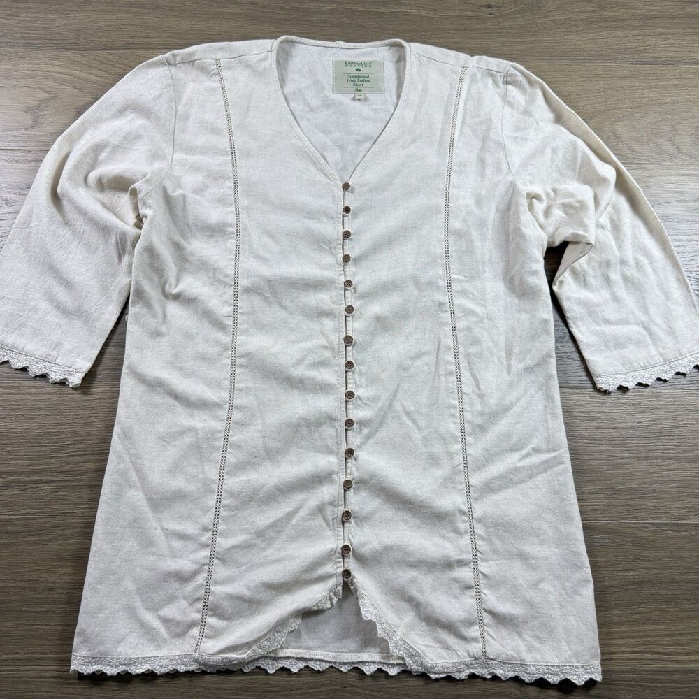 Emerald Isle Weaving Top Women 18 Traditional Irish Ladies Shirt Beige Flax Blen